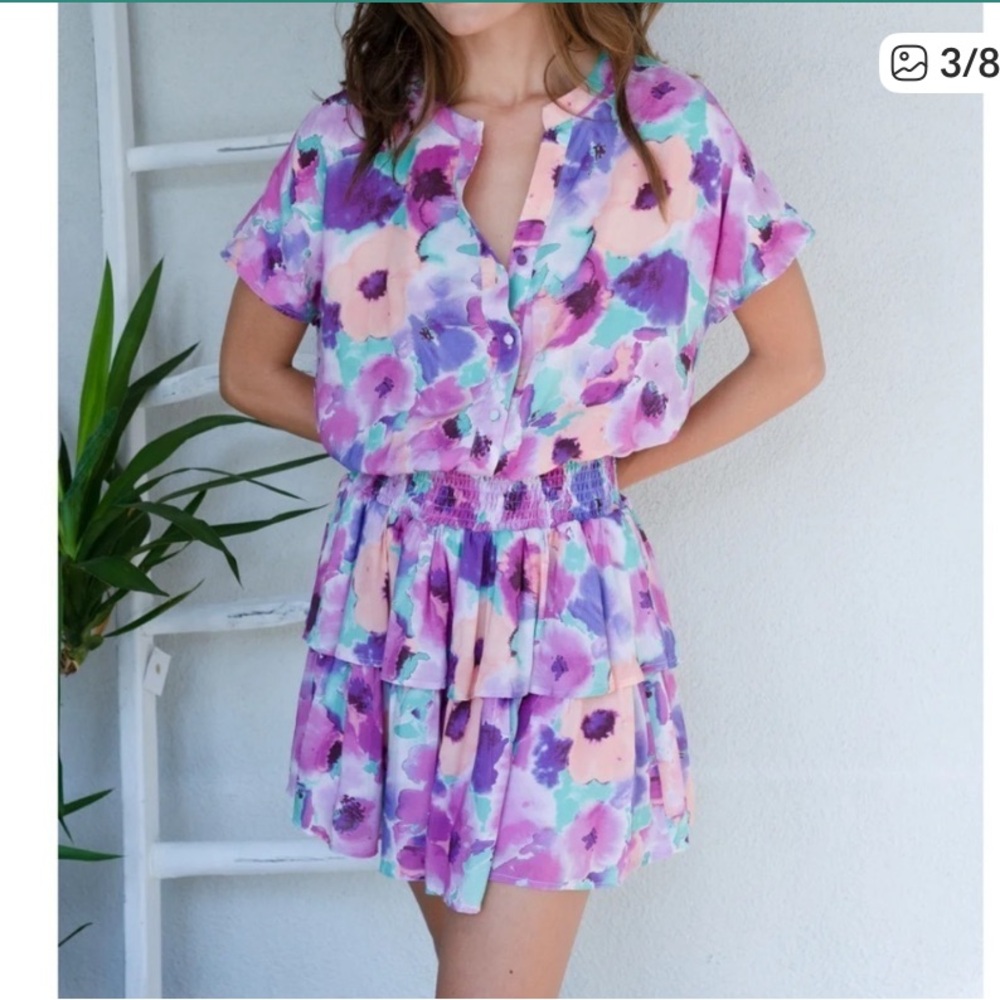 BTFL-Life floral ruffled smocked mini dress.